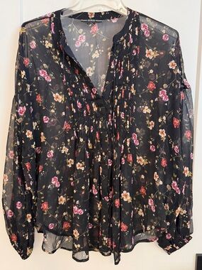 GUESS Black Sheer Floral Pintuck Blouse